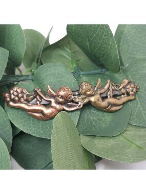 French Barrette Cherubs Bronze & Copper Tones Winged Angel Hair Clip Accessory